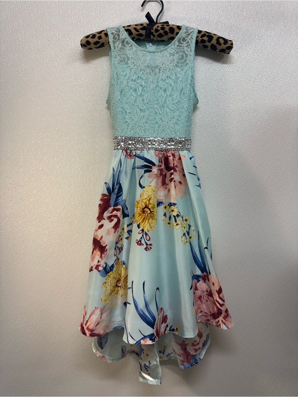 Emily Rose Girls' Mint Lace & Floral High-Low Dress with Rhinestone Waist Sz 10